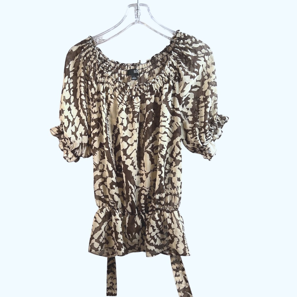 a.n.a Blouse Womens L Brown Abstract Floral Boho Ruffle Tie Waist Semi Sheer Top